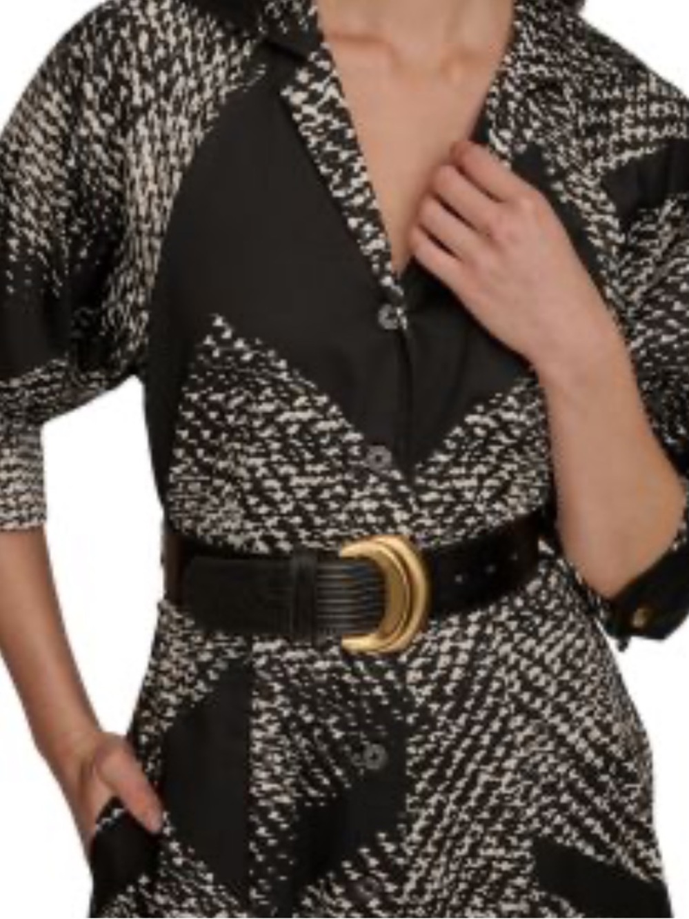 Donna Karan Black and White Patterned Belted Midi Dress